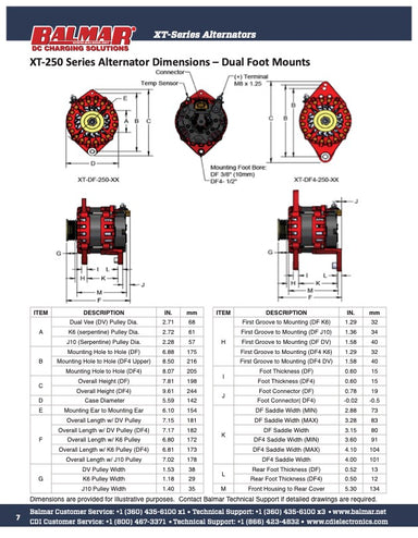 Balmar 250 Series Alternator Dimensions - Dual Foot Mounts